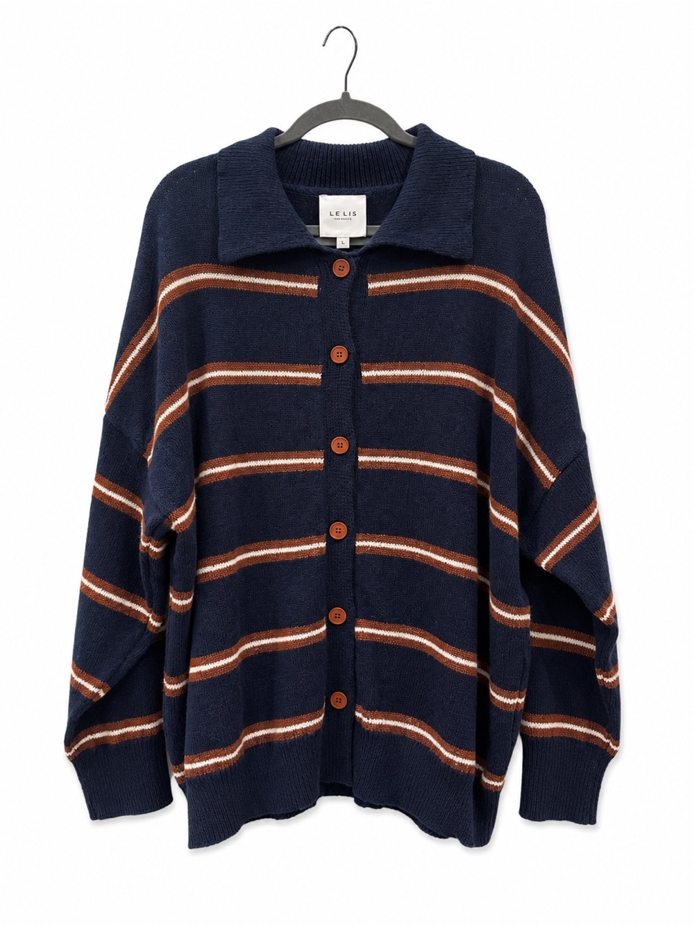 Le Lis Navy Striped Oversized Cardigan Large Button-Up Cozy Knit Sweater